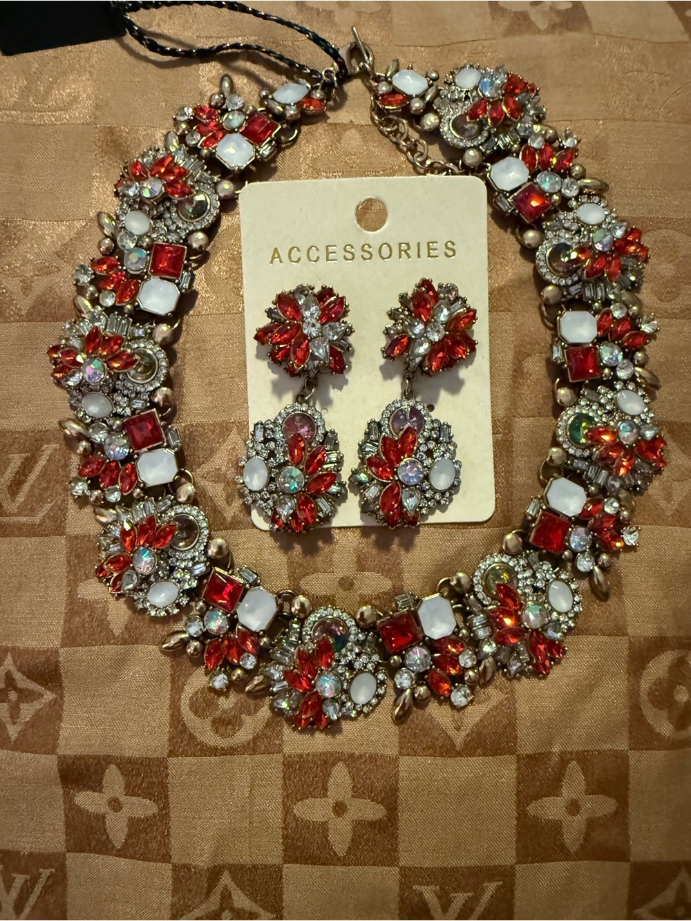 Accessorize Deep Orange and Opal White Crystal Floral Necklace & Earring Set
